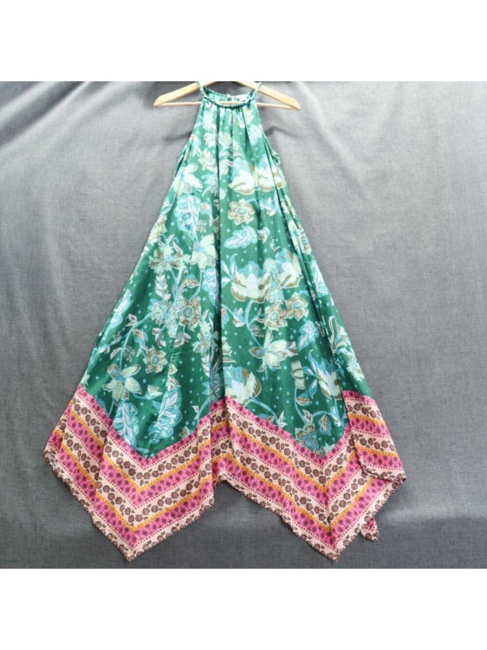 Sundance Teal Floral Maxi Halter Dress XS Handkerchief Boho Viscose Cotton - Picture 15 of 16